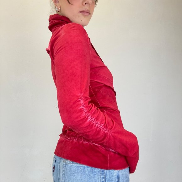 XS - Y2K Yest Red Ruched Ruffled Zip Up Jacket - Picture 3 of 5